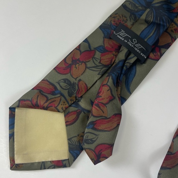 Jet Set Mens Tie Necktie Silk Made in Italy Olive Green Multicolor Floral - Picture 2 of 3
